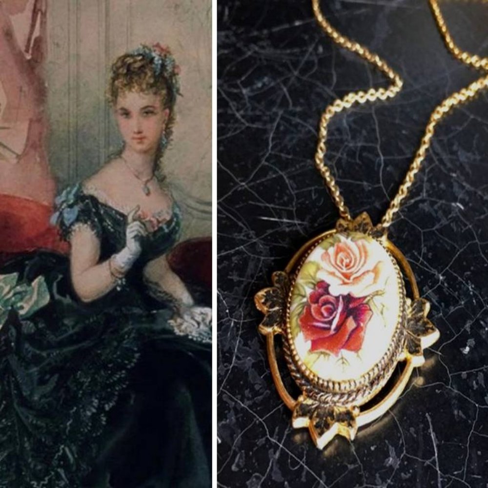 V I C T O R I A N;  hand painted cameo necklace 30”